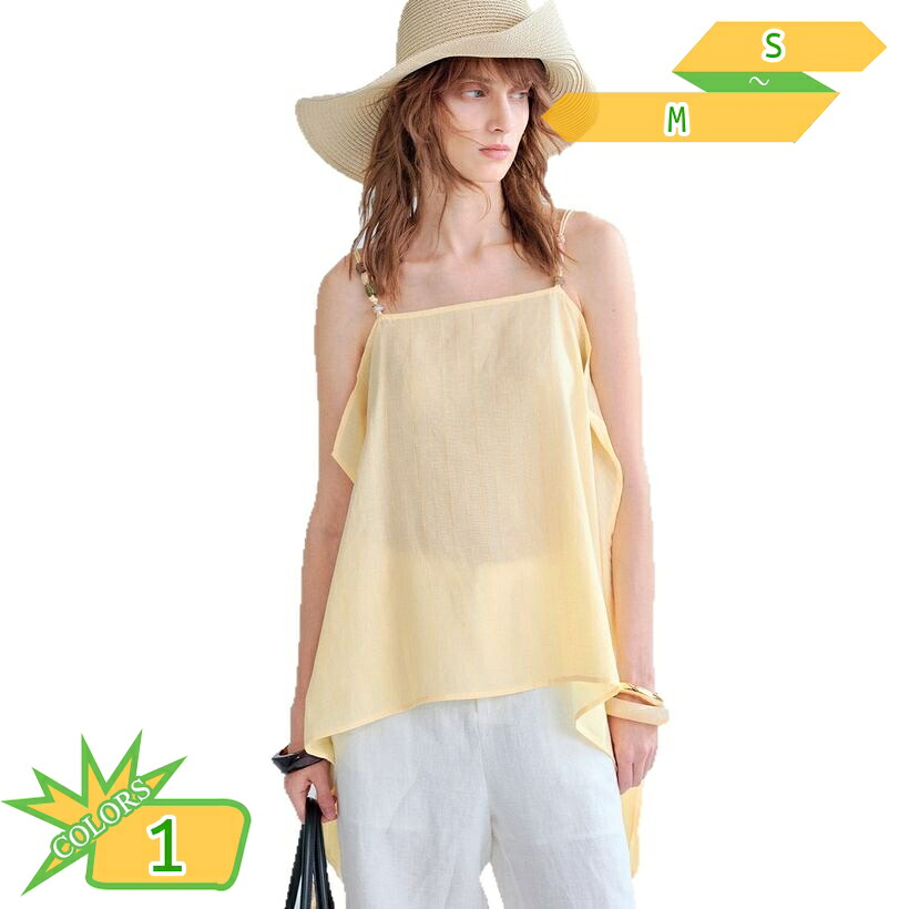 トップス レディース キャミソール ゆったりサイズ 夏服 チュニック丈 フレア 裾変形 デザイン ビーズ 肩紐 リネン混風 軽やか 透け感 おしゃれ きれいめ フェミニン お出かけ 涼しい 重ね着 takushistore｜takushistore