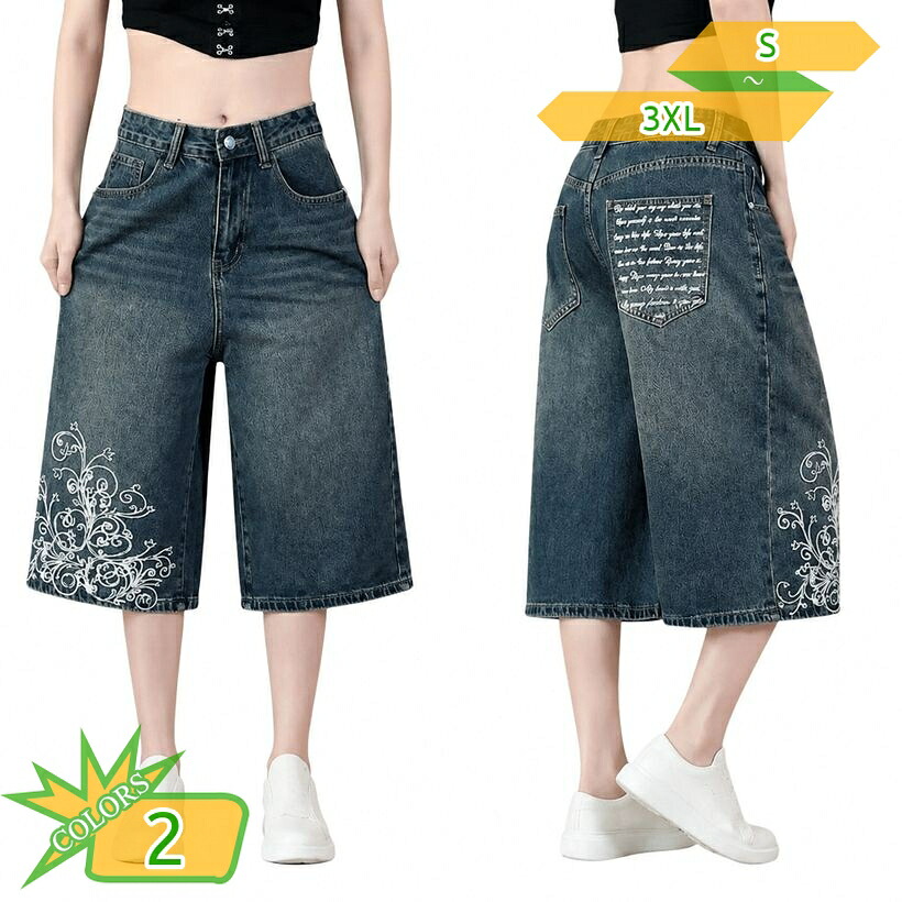 [七分丈パンツ 体型カバー] デニム ショートパンツ ワイドシルエット 刺繍 おしゃれ ストリート カジュアル ゆったり ズ 膝下丈 ワーク ボトムス メンズライク ヴィンテージ風 春 夏 takushistore｜takushistore