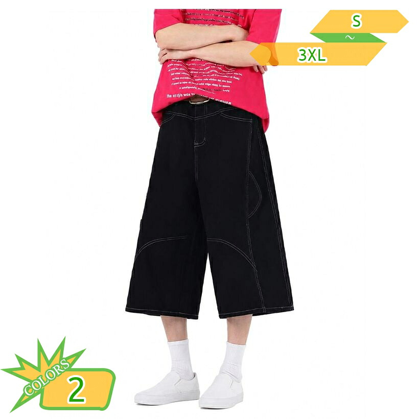 カーゴパンツ メンズ ワイド 七分丈 ワークパンツ ステッチデザイン ルーズ シルエット 夏 ストリート おしゃれ ゆったり 膝下丈 大きいサイズ 体型カバー ズボン takushistore｜takushistore