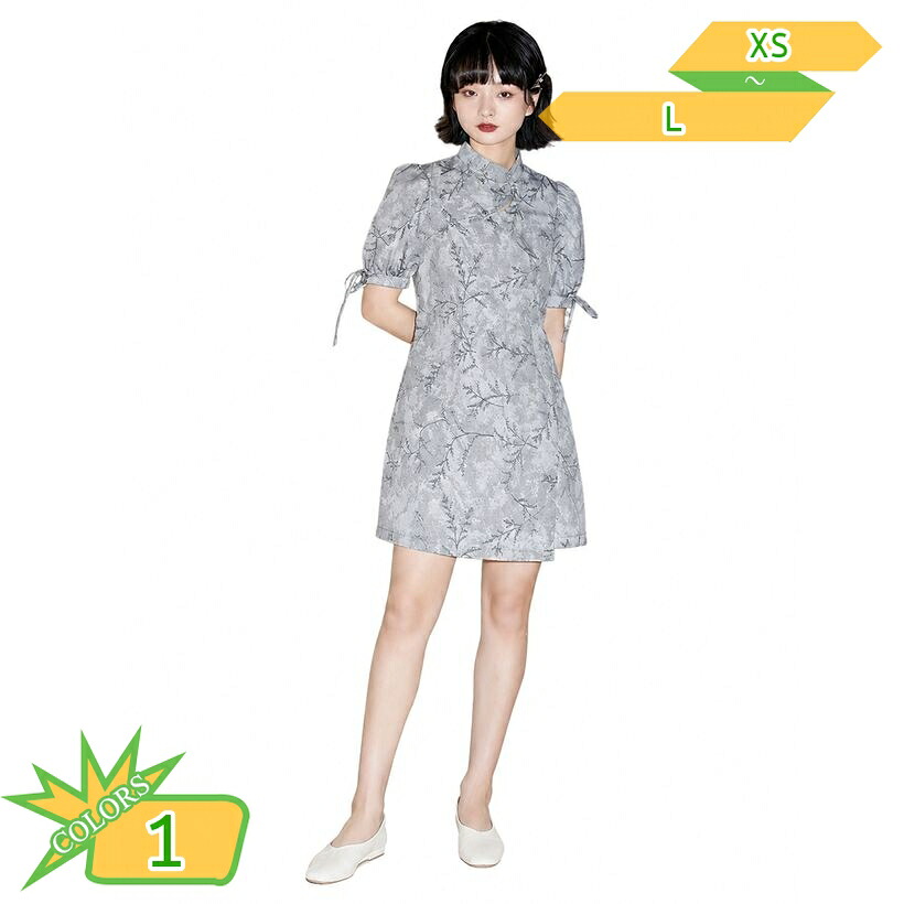 レトロ ワンピース レディース チャイナドレス風 改良版 パフスリーブ リボン付き フリル風 ミニ丈 体型カバー 華やか フェミニン 通勤 通学 takushistore｜takushistore