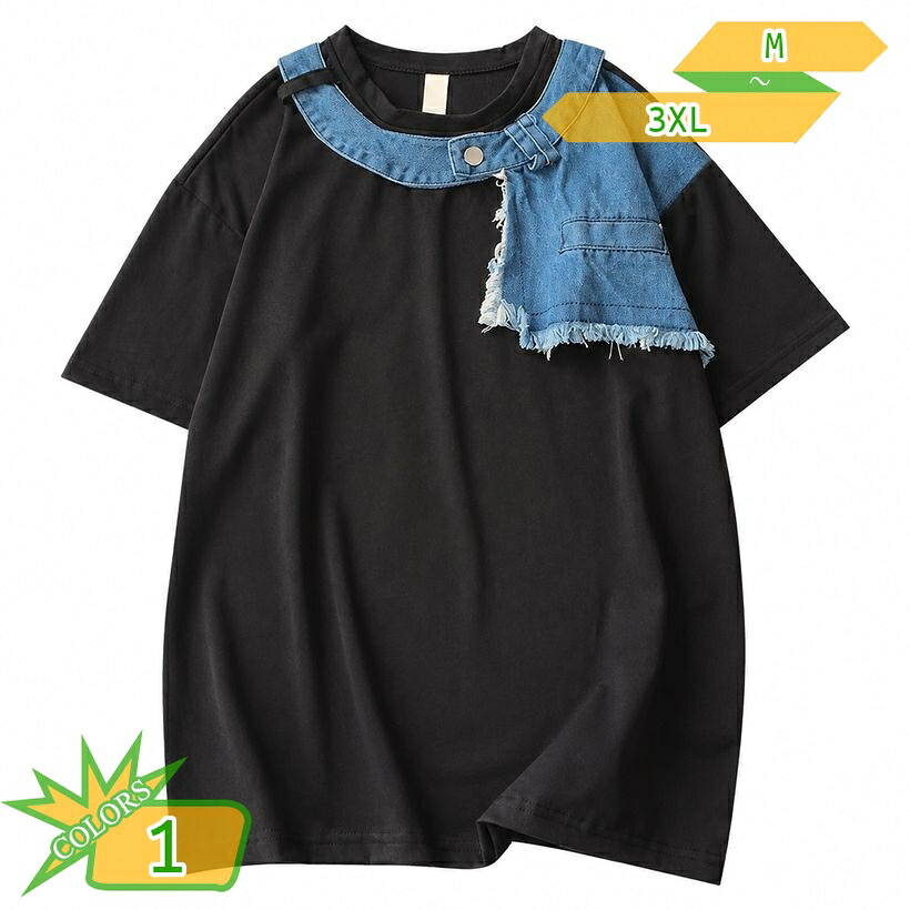 半袖Tシャツ メンズ 着痩せ見え ゆったり シルエット フェイクレイヤード デニム風 切り替え クルーネック カットソー カジュアル 丸首 トップス 春夏 ストリート系 ティーシャツ 大きいサイズ おしゃれ takushistore|takushistore