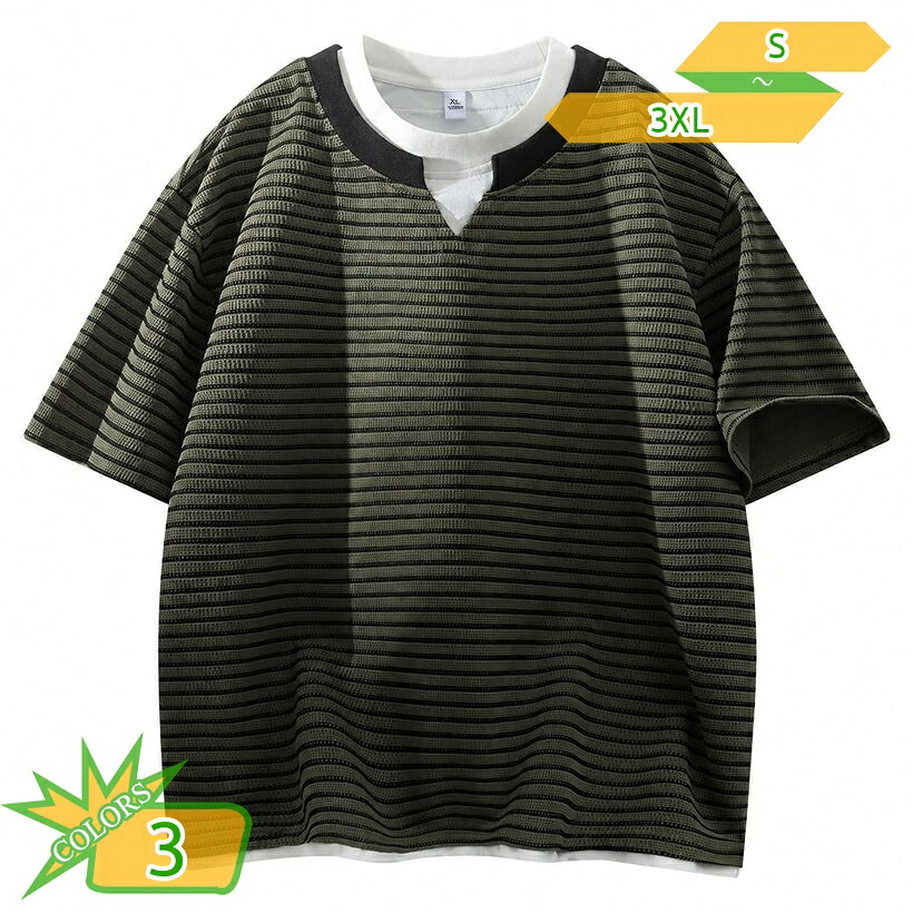 ボーダー Tシャツ 半袖 メンズ ゆったり キーネック フェイクレイヤード カットソー 重ね着風 プルオーバー カジュアル トップス 大きいサイズ 夏服 おしゃれ 体型カバー 着痩ぜ デイリー takushistore｜takushistore