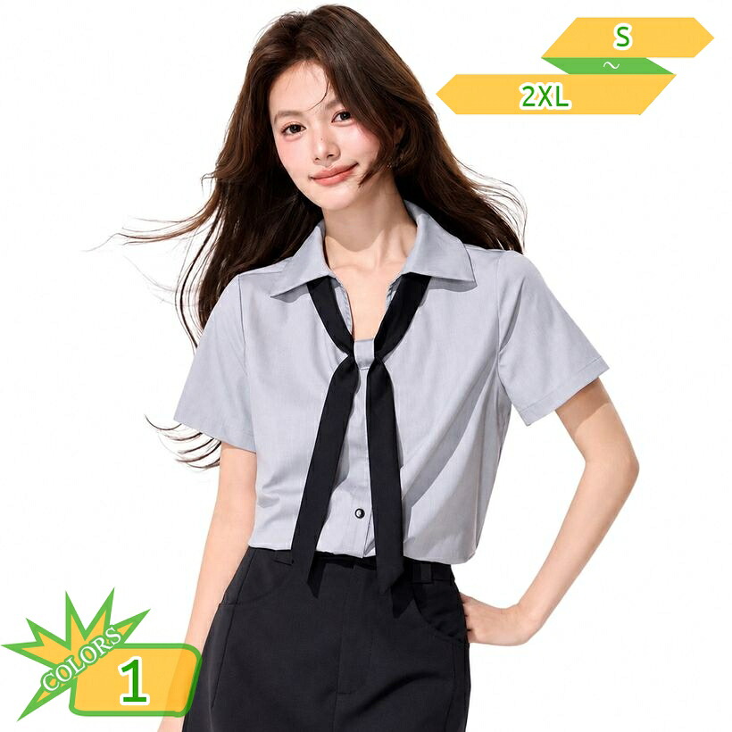 半袖 ブラウス レディース スクール風 シャツ リボン付き 夏服 着痩せ すっきり見え 制服風 トップス 清楚 ガーリー 通勤 通学 デート 旅行 きれいめ カジュアル 無地 襟付き ゆったり 大きいサイズ takushistore｜takushistore