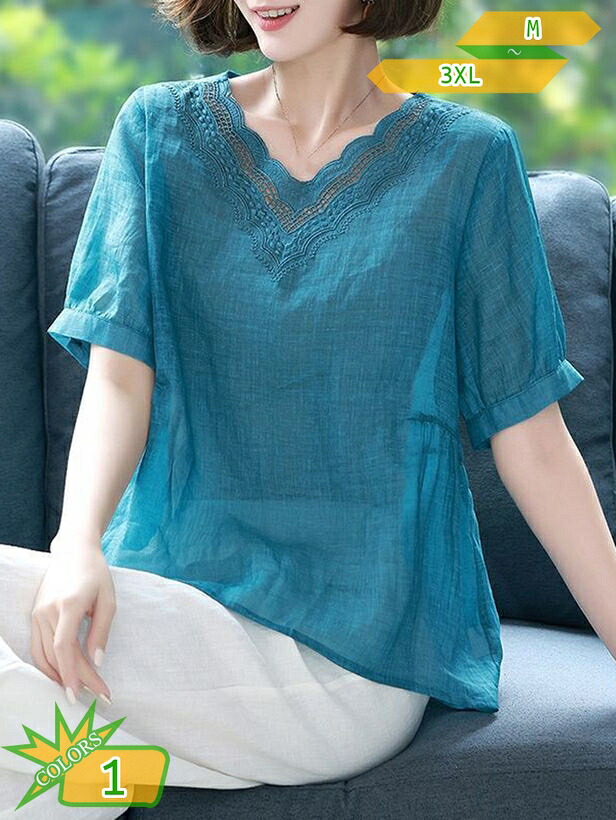 1000円OFFクーポン ブラウス レディース 半袖 綿麻 薄手 リネン tシャツ 大きいサイズ 夏 トップス ナチュラル かわいい 日常 カットソー 花柄 刺繍 切り替え vネック オーバーサイズ ゆったり エレガント 着痩せ プルオーバー おしゃれ takushistore｜takushistore