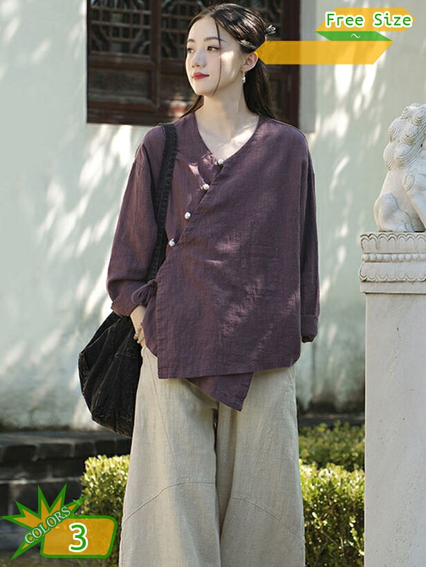 2000円OFFクーポン チャイナシャツ レディース ブラウス アウター 開襟 Tシャツ 羽織 中華服 茶服 太極拳 綿麻 カジュアル 長袖 カットソー 中国風 民族 ゆったり 春夏秋 ボタン おしゃれ 上着 無地 シンプル 大きいサイズ 可愛い エレガント takushistore|takushistore