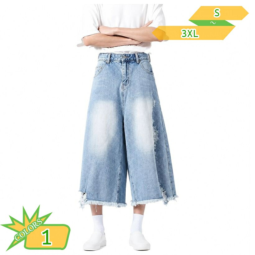 ワイドパンツ デニム 着痩せ見え ショートパンツ メンズ ハーフ 切りっぱなし フリンジ ストリート ファッション 大きいサイズ ジーパン 5分丈 春 夏 ゆったり takushistore｜takushistore