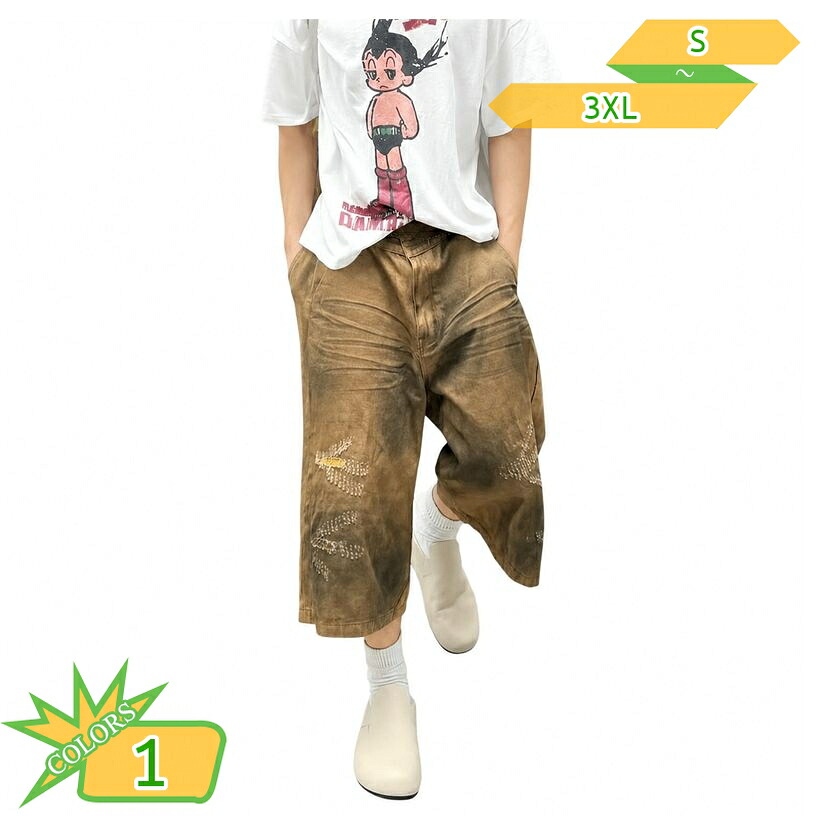 ショートパンツ デニム メンズ ワイドシルエット 着痩せ 膝下 7分丈 デニムパンツ ヴィンテージ加工 オシャレ ストリート系 デザイン 夏用 ゆったりサイズ takushistore|takushistore