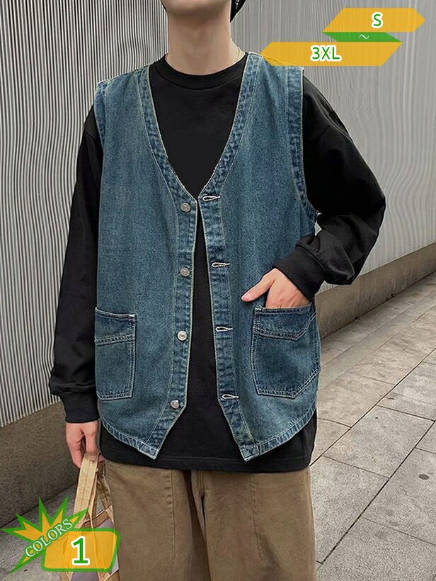 ベスト メンズ 春夏 大きいサイズ デニム ベスト ノースリーブ ジャケット ポケット 袖なし 前開き ボタン 普段使い レジャー おしゃれ カジュアル takushistore