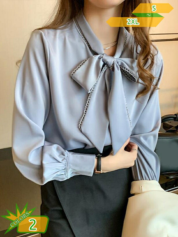 1000円OFFクーポン ボウタイ リボン ブラウス レディース 大人可愛い 春 秋 長そで おしゃれ 上品 きれいめ ゆったり 薄手 無地 シンプル フォーマル フェミニン ガーリー 黒 ランタンスリーブ バック ギャザー 通勤 通学 ビジネス スーツインナー takushistore｜takushistore
