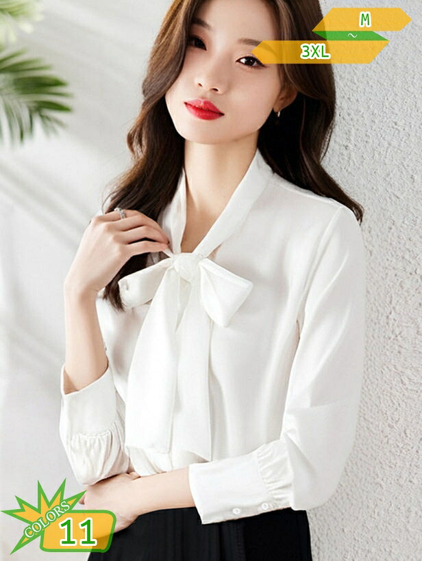 1000円OFFクーポン レディース トップス フロント リボン ブラウス エレガント 大人可愛い 長袖 ボウタイ 白 シンプル 無地 ワイシャツ フォーマル ビジネス オフィスカジュアル 通勤 きれいめ 上品 シャツ オフィス OL takushistore|takushistore