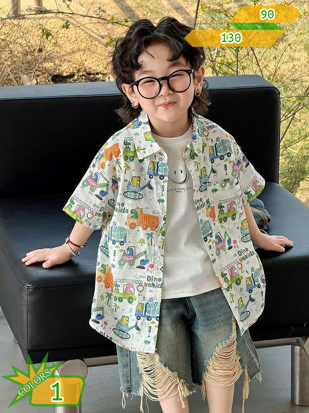 男の子 半袖シャツ 恐竜柄 乗り物 着替えやすい キッズ トップス 襟付きシャツ ボタン 前あき 子供 ジュニア カジュアルウェア 総柄 プリント 通園 通学 夏休み お出かけ デイリーユース ゆったり takushistore｜takushistore
