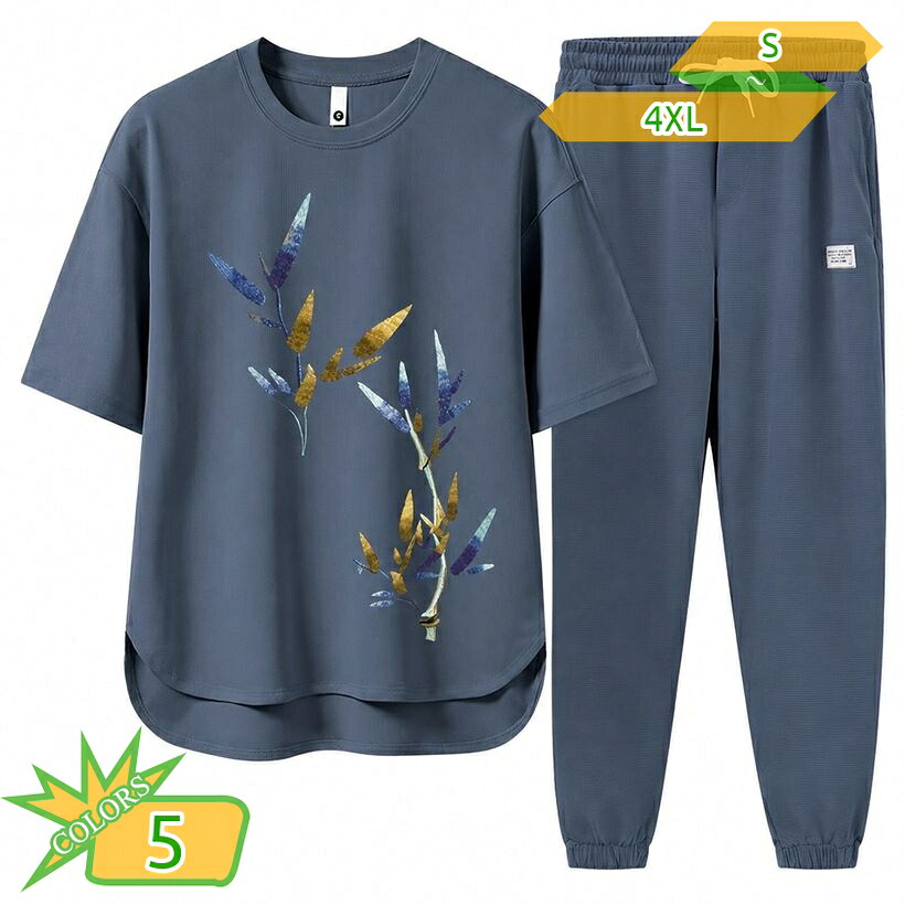 上下セット メンズ カジュアル ゆったり 着痩せ見え 半袖 セットアップ tシャツ 長ズボン 和風 プリント 薄手 部屋着 お出かけ スポーツ 大きいサイズ 涼しい おしゃれ takushistore｜takushistore