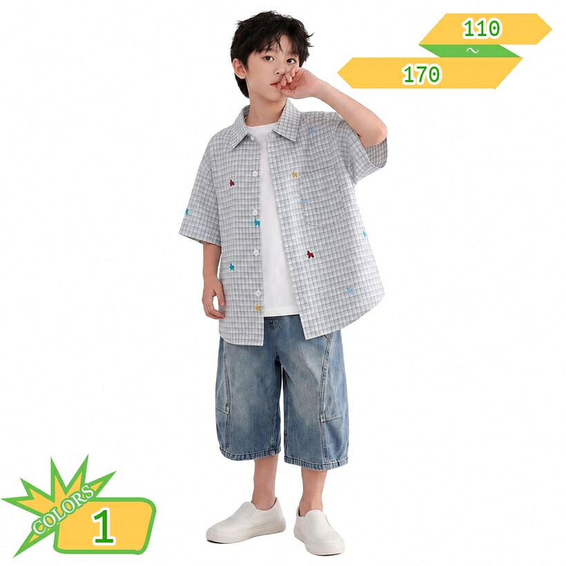 男の子 半袖シャツ チェック柄 子供服 トップス ゆったり 襟付き カジュアル シャツ キッズ 夏服 前開き 薄手 通学 お出かけ ジュニア 普段着 おしゃれ チェック 爽やか takushistore|takushistore