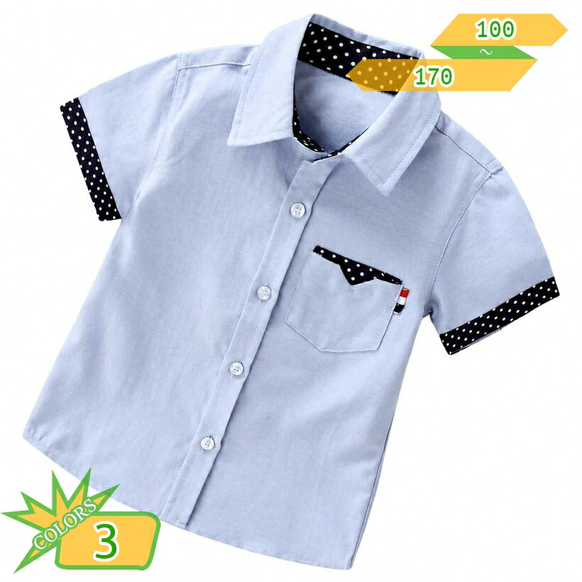 男の子 シャツ 半袖 通気性 動きやすい 子供服 カジュアルシャツ キッズ 前開き レギュラーカラー ドット切り替え 胸ポケット付き 通学着 お出かけ デイリーユース ゆったりサイズ takushistore｜takushistore