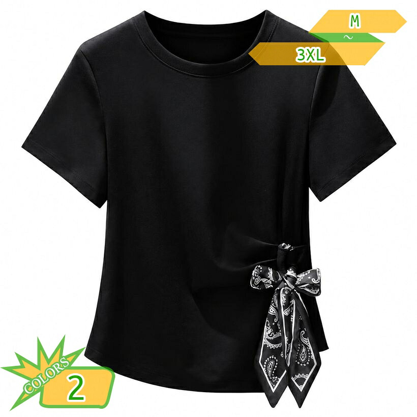 体型カバー カットソー レディース 半袖 飾りスカーフ付き Tシャツ デザイン トップス ゆったり 大きいサイズ クルーネック 異素材 切り替え プルオーバー きれいめ 上品 大人 おしゃれ 通勤 通学 オフィス takushistore|takushistore