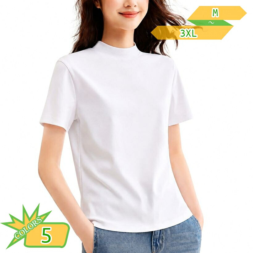 カットソー レディース 半袖 細見え 体型カバー プチハイネック tシャツ 无地 センターシーム モックネック トップス きれいめ カジュアル デイリー お出かけ 普段着 大きいサイズ ゆったり takushistore｜takushistore