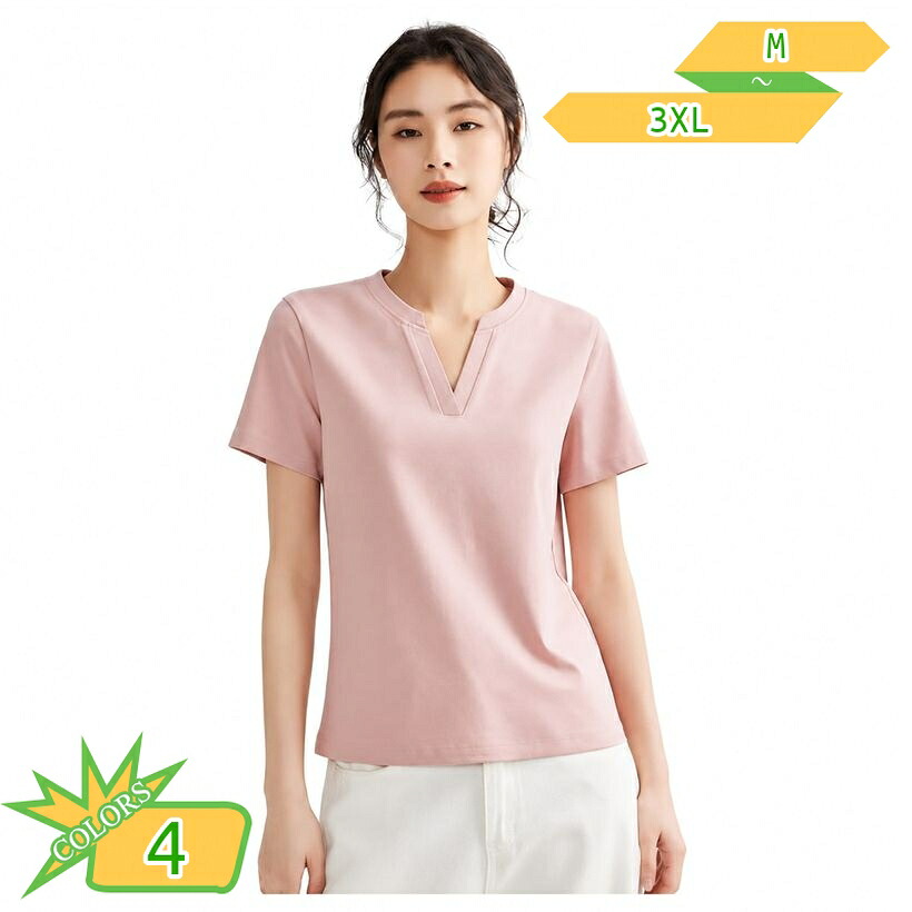 半袖 カットソー レディース 体型カバー キーネック Tシャツ きれいめ 上品 プルオーバー 首元スッキリ 細見え 華奢見え トップス オフィス カジュアル 通勤 通学 お出かけ 大きいサイズ takushistore｜takushistore