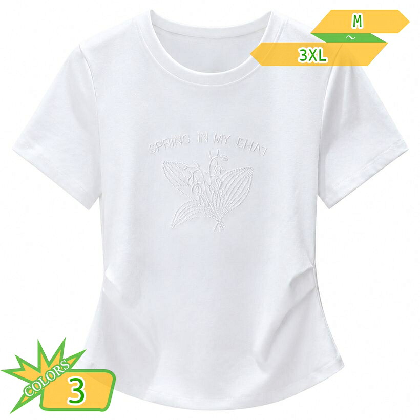 Tシャツ 半袖 レディース 体型カバー 細見え カットソー 丸首 刺繍入り プルオーバー ギャザー加工 無地調 インナー 部屋着 デイリー使い 大きいサイズ takushistore｜takushistore