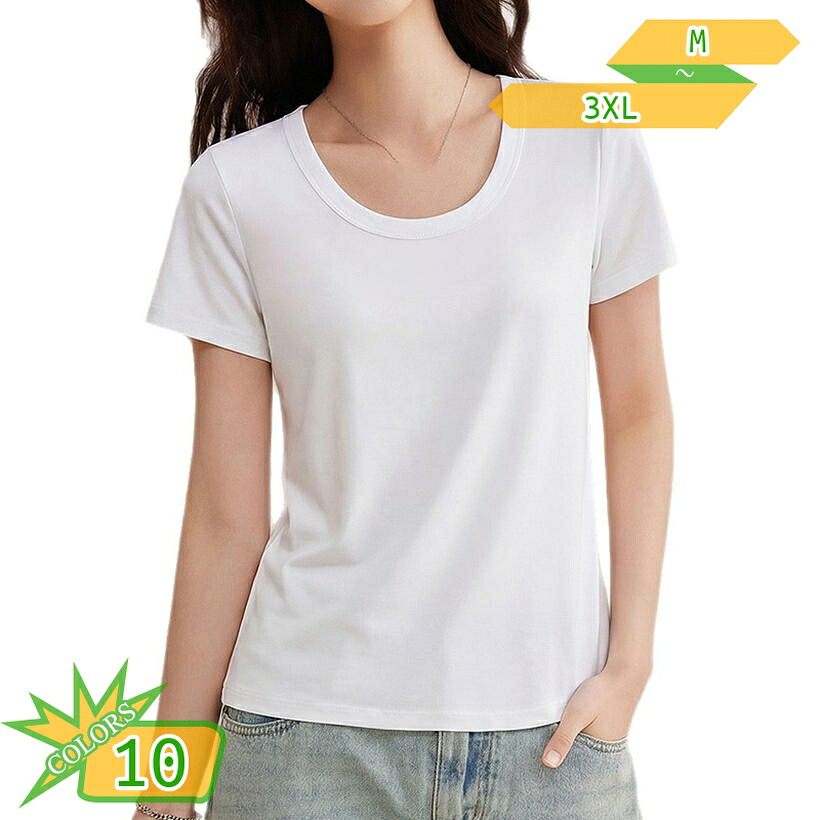 Tシャツ レディース 半袖 体型カバー カットソー Uネック トップス 無地 シンプル スリム デイリーユース インナーウエア 通勤 通学 コーデしやすい 春夏用 takushistore｜takushistore 8,924円