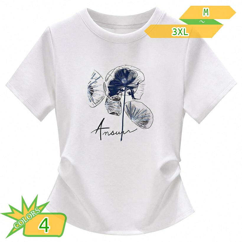 半袖 カットソー 体型カバー レディース Tシャツ ウエスト シャーリング ドレープ 細見え トップス クルーネック フラワー プリント 刺繍風 大人 フェミニン デイリー 春夏 takushistore｜takushistore