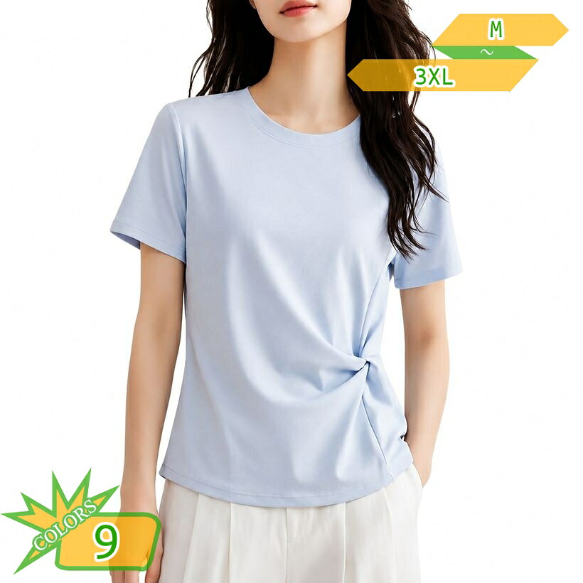 カットソー レディース 半袖 着痩せ Tシャツ トップス クルーネック デザインTシャツ アシンメトリー ツイスト ドレープ 無地 カジュアル フェミニン デイリー 旅行 大きいサイズ takushistore｜takushistore 10,126円