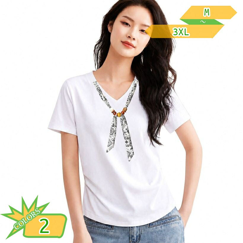 カットソー 半袖 レディース Vネック 体型カバー スカーフ風 デザインTシャツ カジュアルシャツ きれいめ トップス デイリー お出かけ 普段着 大きいサイズ takushistore|takushistore