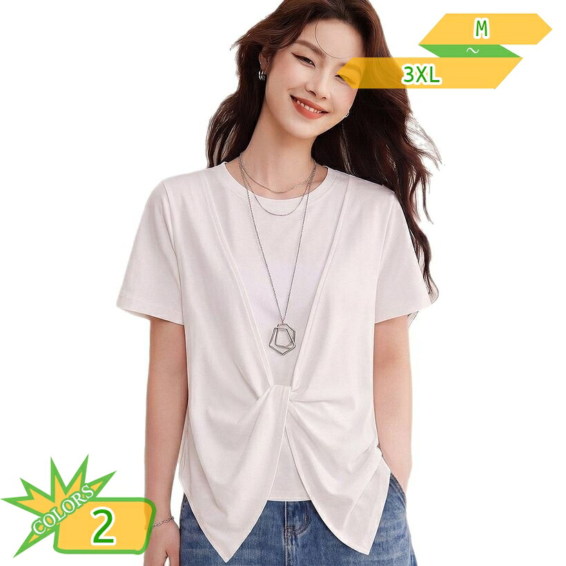 カットソー レディース 着痩せ 体型カバー 半袖 Tシャツ 重ね着風 レイヤード フロントツイスト クルーネック ゆったりサイズ オフィス カジュアル お出かけ フェミニン takushistore｜takushistore