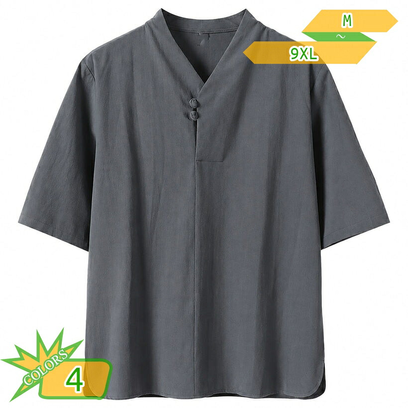 リネンシャツ メンズ 体型カバー 着痩せ チャイナ風 シャツ 五分袖 tシャツ ヘンリーネック 綿麻 トップス 薄手 カジュアル 涼しい プルオーバー かっこいい 夏服 大きいサイズ 通学 レトロ オシャレ takushistore|takushistore