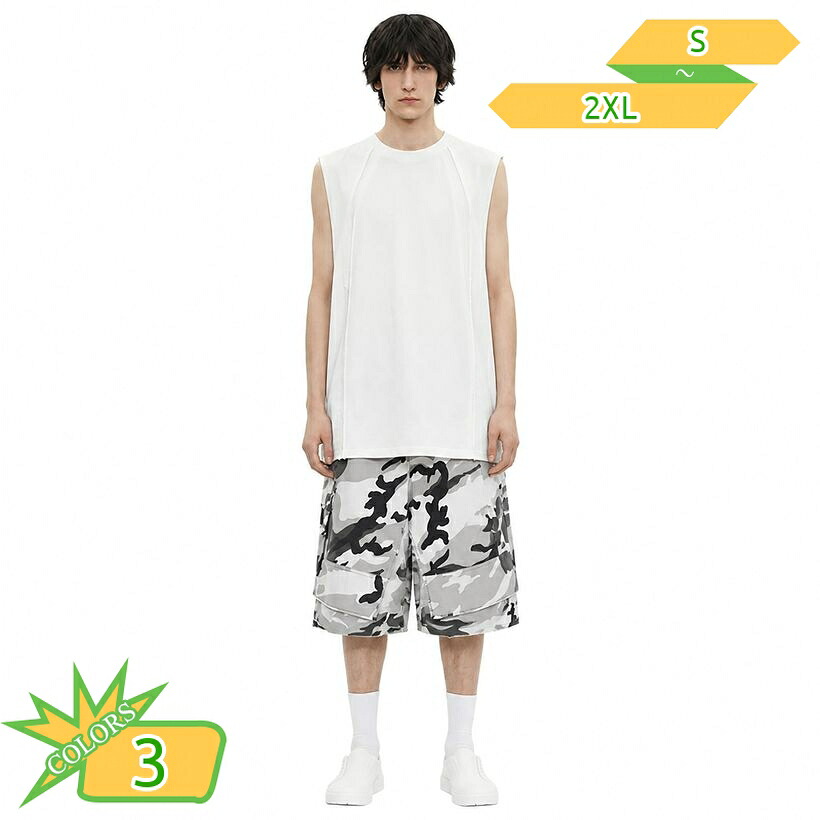 ノースリーブ Tシャツ メンズ 体型カバー タンクトップ ウォッシュ加工 ダメージ感 切り替えデザイン クルーネック トップス カジュアル ストリート系 夏用 重ね着 大きいサイズ takushistore｜takushistore