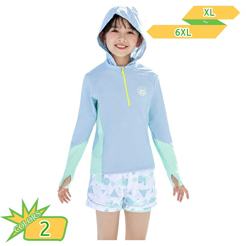 ラッシュガード キッズ 女の子 上下セット 着痩せ見え 水着 セパレート 長袖 フード付き ショートパンツ ジュニア水着 スイムウエア ガールズ 子供用 女児 スクール プール 海 スイミング スクールサイズ takushistore｜takushistore