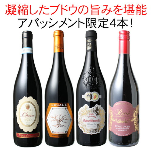 ワインセット アパッシメント 飲み比べ 4本 セット 濃厚 フルボディ 陰干しブドウ パーティー 家飲み 御祝 誕生日 凝縮したブドウの旨み 