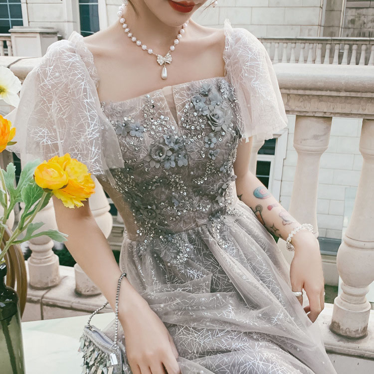 イブニングドレス グレー 花柄 キレイめ 発表会ドレス ロングドレス 黒 ブラック 結婚式ドレス 二次会ドレス お呼ばれドレス ロング丈 Aライン 演奏会ドレス XS S M XXL XL L