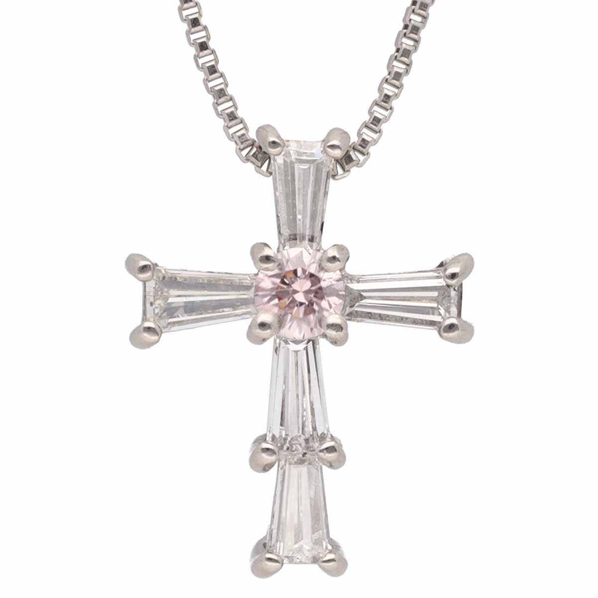 ファンシーライトピンクダイヤモンド(0.086ct FLP-SI1) ダイヤモンド(0.40ct) クロス ペンダント ネックレス PT850 PT900 プラチナ 鑑定書【送料無料】【代引き手数料無料】【中古】22700901