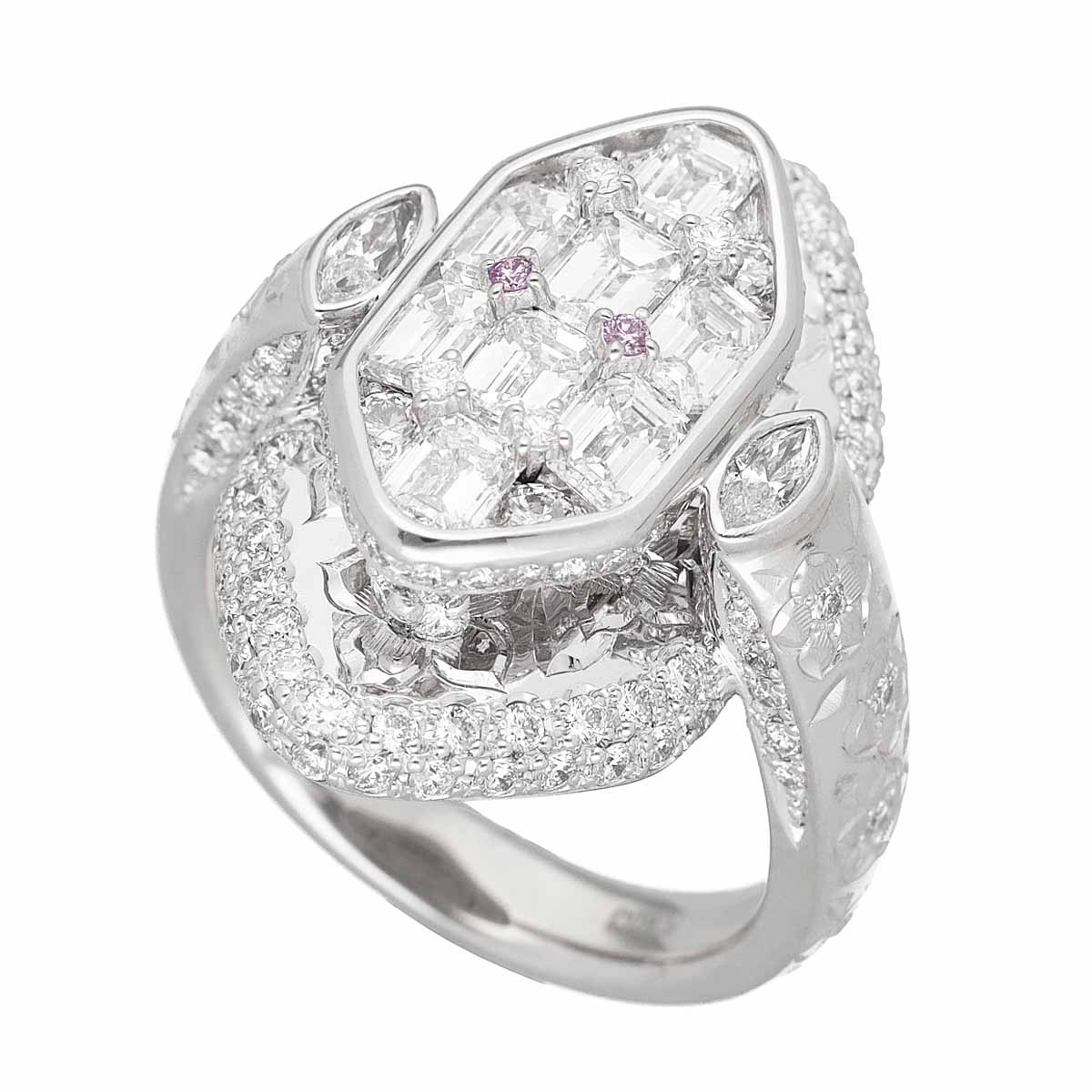 K.dion ケーディオン エメラルドカットダイヤモンド(1.68ct)ダイヤモンド(1.45ct)ピンクダイヤモンド(0.016ct)リング サイズ約15号 ＃55 PT900 プラチナ【送料無料】【代引き手数料無料】指輪 コダマ【中古】24090322