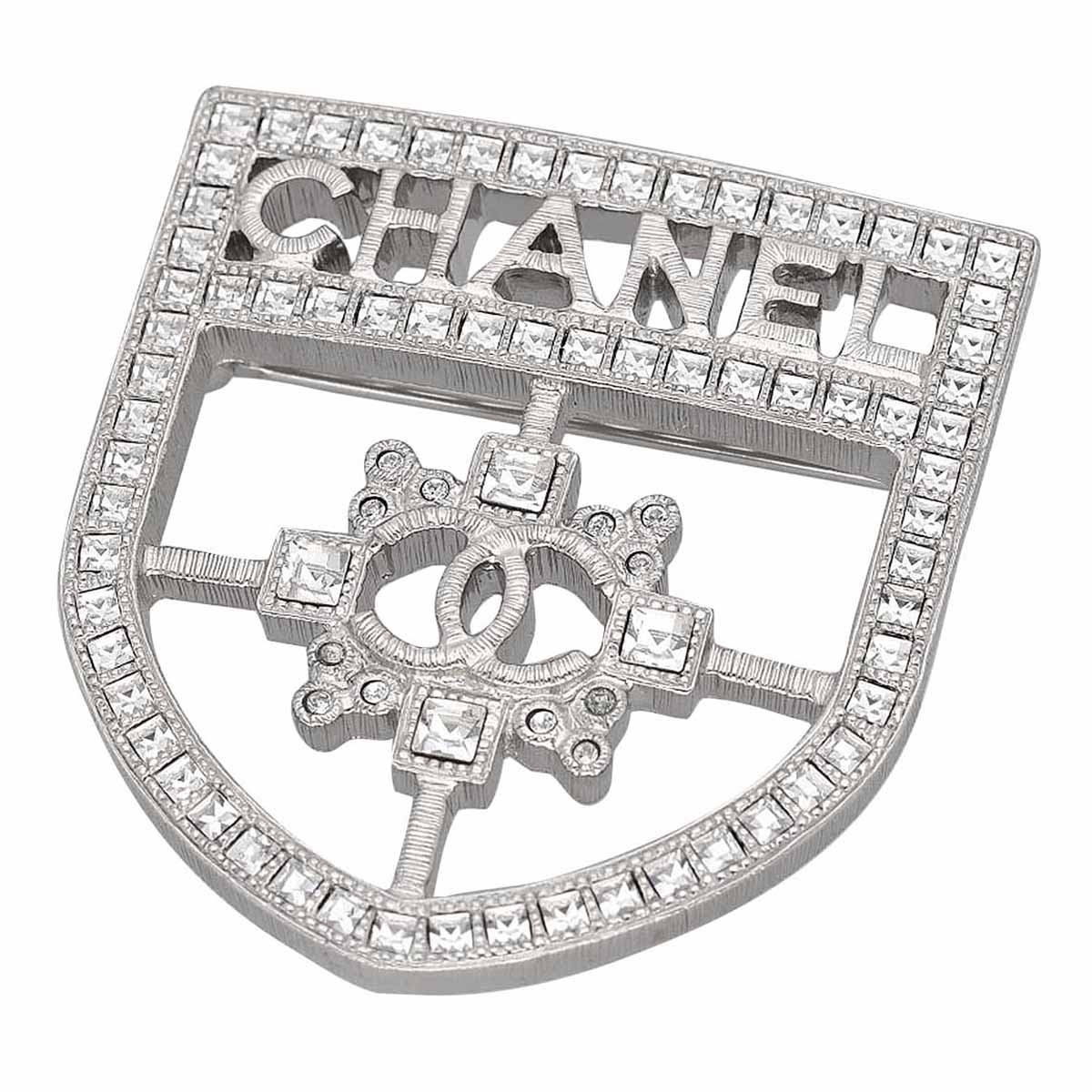 CHANEL シャネル ロゴ エンブレム ブローチ B18V ラインストーン シルバー金具 Made In Italy【送料無料】【中古】ココマーク【代引き手数料無料】25010126