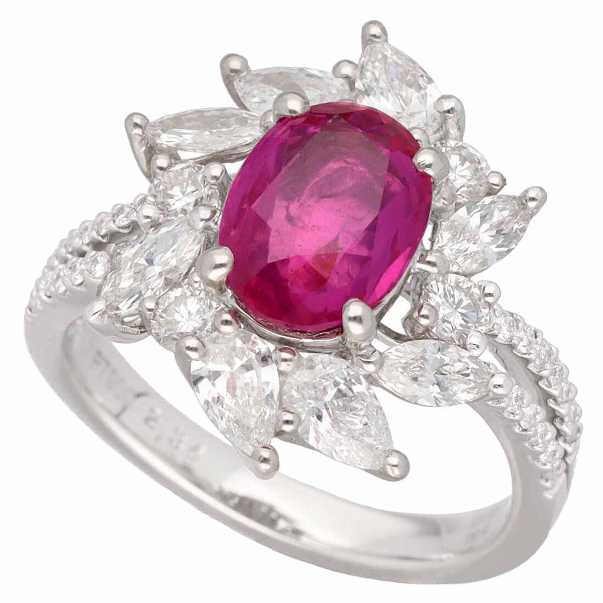 天然 非加熱 ビルマ産 ルビー(R2.34ct) ダイヤモンド(D1.03ct/0.43ct) リング Pt900 プラチナ 日本サイズ約12号 #52 鑑別書【送料無料】【代引き手数料無料】 【中古】26670826｜麻布十番タマリヤ質店店