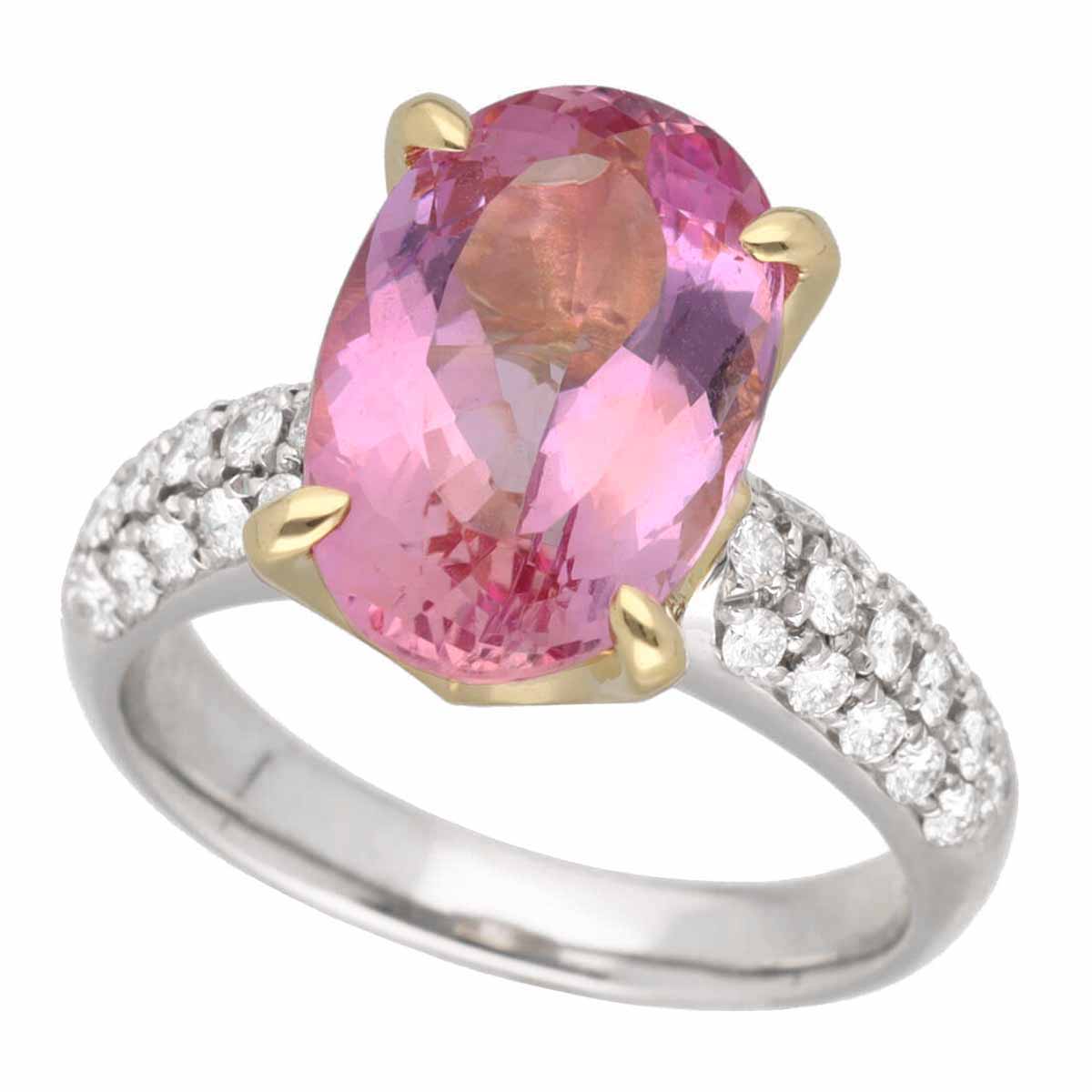 オーバルファンシーカットインペリアル ピンクトパーズ(6.728ct) ダイヤモンド(0.500ct) リング 日本サイズ約15号 #55 Pt900 プラチナ 750 K18 YG イエローゴールド 鑑別書【送料無料】【代引き手数料無料】指輪【中古】23621129