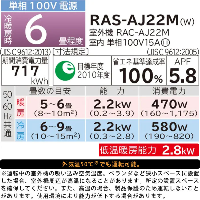 エアコン 工事費込みセット 100V 2022年モデル RAS-AJ22M-W おもに6畳用 施工保証3年 日立 25％OFF おもに6畳用