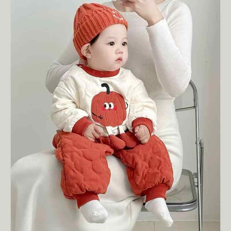 ベビー服 男の子 女の子 赤ちゃん 秋冬 中綿 綿 再生繊維 上下セット セパレート 厚手 防寒 暖かい 柔らかい 外出着 オレンジ系