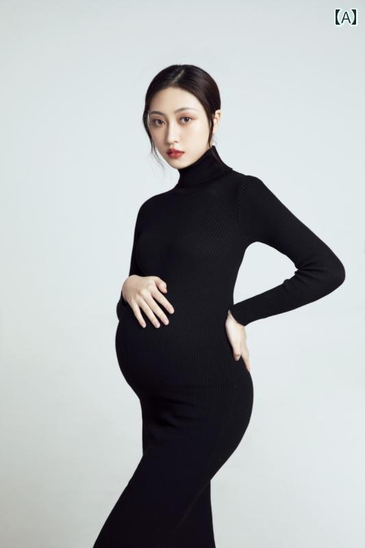 妊婦 フォト 衣装 マタニティ おしゃれ ファッション 写真 撮影 スタジオ 魅惑的 スリム 黒 セーター ニット フリーサイズ ブラック ワンピース スカート 5,313円