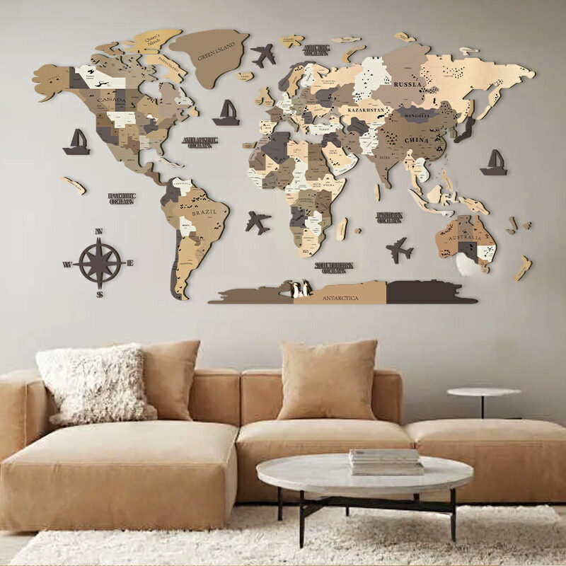 送料無料 木製壁掛け世界地図 3D Wood World Map 世界地図 インテリア 木製 壁掛け オークカラー 高級感ある木の温もり 壁掛け木製世界地図　インテリア＆グローバルに！