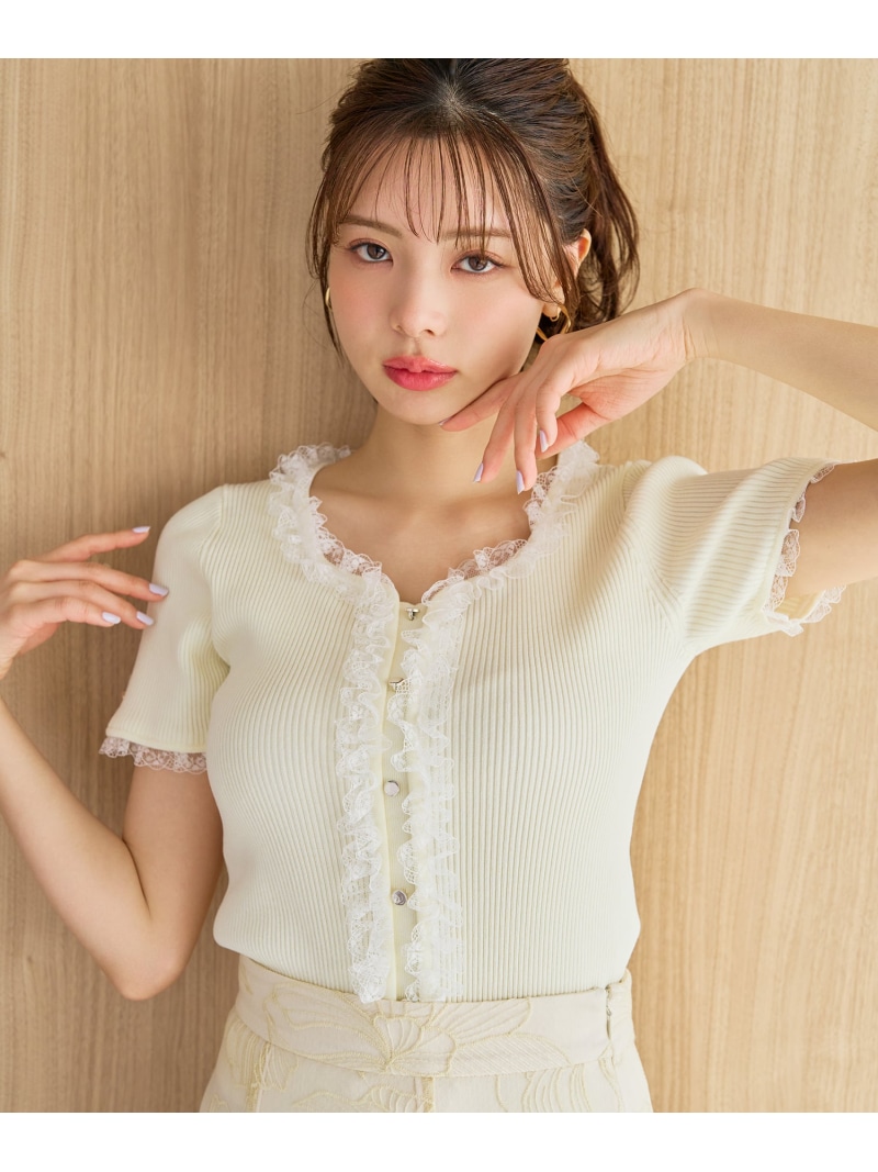 【SALE／11%OFF】レースフリルトリミングニット MM628307 MISCH MASCH ミッシュマッシュ トップス ニット ホワイト グレー イエロー【RBA_E】【送料無料】[ Fashion]