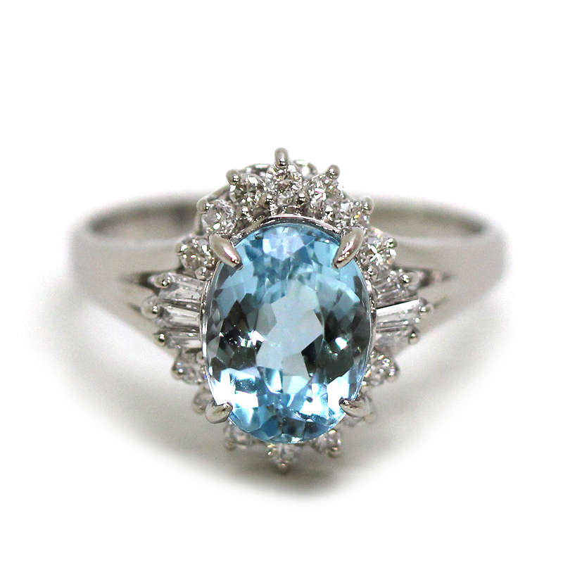 Pt900 アクアマリンリング 16号 2.62ct 大粒 ダイヤモンド 0.38ct 約6.7g プラチナ 指輪 30666 【中古】