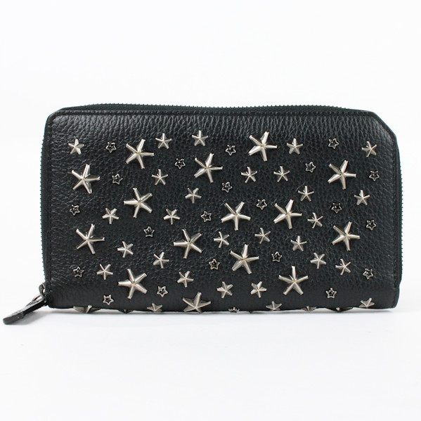 JIMMY CHOO ジミーチュウ スタースタッズ付き添い人ジップアラウンドウォレット CARNABYGRY 黒 長紙入れ 11405 【中古】