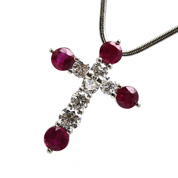 Pt850/Pt900 十字架モチーフネックレス 約40cm ルビー 0.772ct ダイヤモンド 0.441ct 約5.7g 19716 【中古】