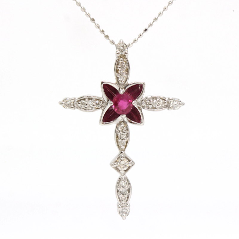 天然 ルビー 0.15ct 鑑別書付き ダイヤモンド 0.20ct ネックレス クロス 十字架 K18WG ホワイトゴールド 18金 20554 【中古】