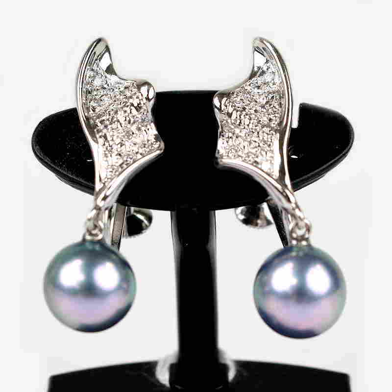 パール＆ダイヤモンドのイヤリング K14WG 14金ホワイトゴールド パール ブルーパール 約8mm ダイヤモンド 0.12/0.12ct 真珠 イヤリング 30610　【中古】