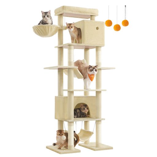 FEANDREAキャットタワーねこタワー大型猫用多頭飼い人気据え置き省スペース登りやすい天然麻紐爪とぎ運動不足解消高さ201CM転倒防止用の帯が付き組立簡単使用の容易さベージュPCT195Y01