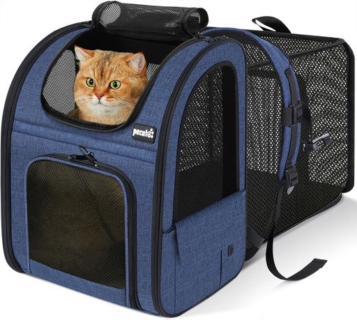 ペキュートPecute愛玩動物キャリーバッグ猫用犬用背嚢メッシュ窓通気性取りひろげる能力のある2WAYペットハウスケージ折り畳みお出かけ運転旅する通院防災駆け込み寺用持ちはこび青碧