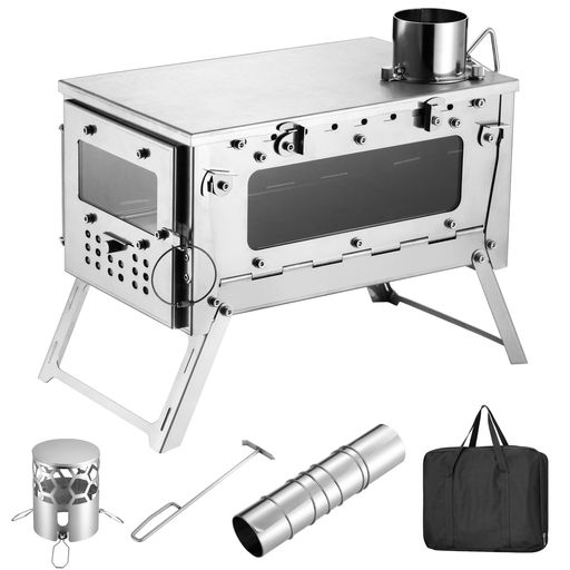 SENQI薪ストーブ二次燃焼キャンプ用焚き火ストーブ2面ガラス窓煙突ストーブキャンプ調理器具クッキングストーブ折りたたみストーブ灰受け付き携帯便利暖炉煙突付きテント調理